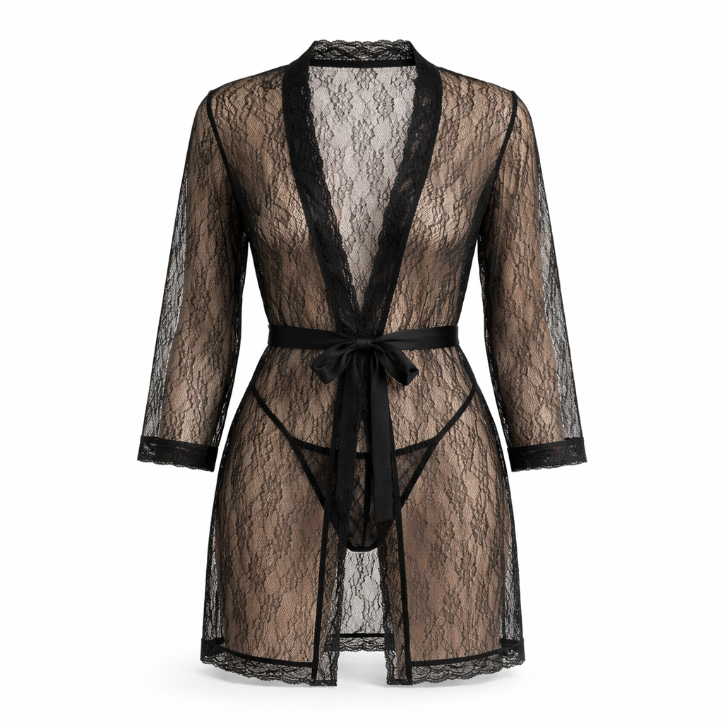 Women’s Black Lace Robe & Thong Nightwear Set
