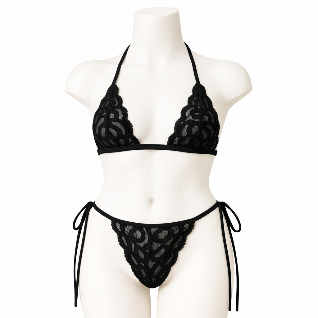 Black Lace Triangle Bikini Set – Elegant Halter Lingerie