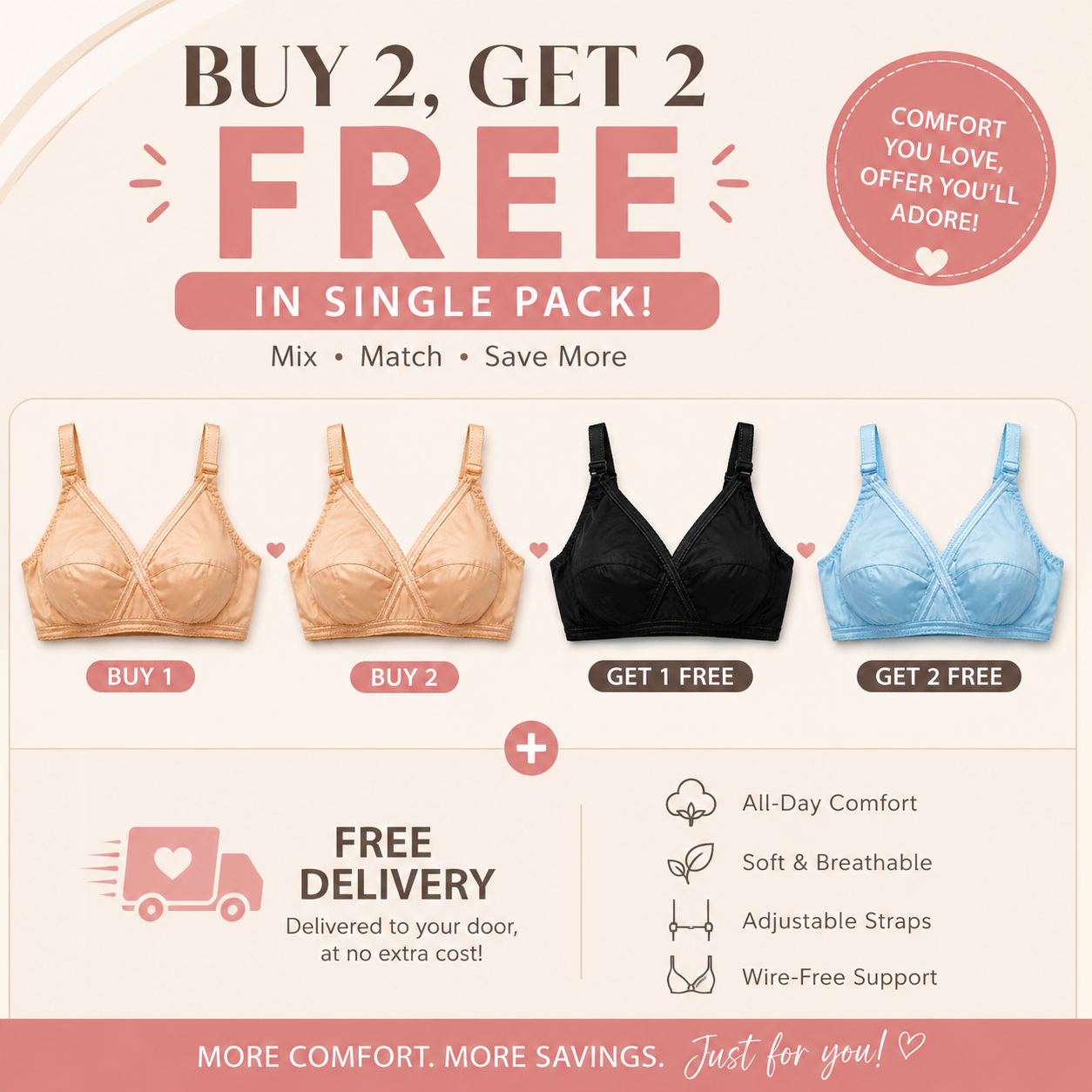 Soft Cotton Wireless Bra - All 4 Colors Included - Ladies Bra Online Pakistan - MyComfort