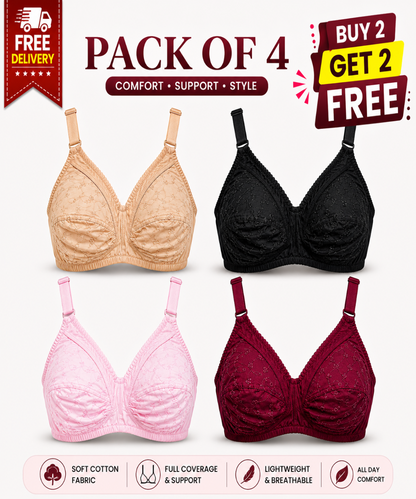 Pack of 4 Chicken Embroidered Cotton Bras