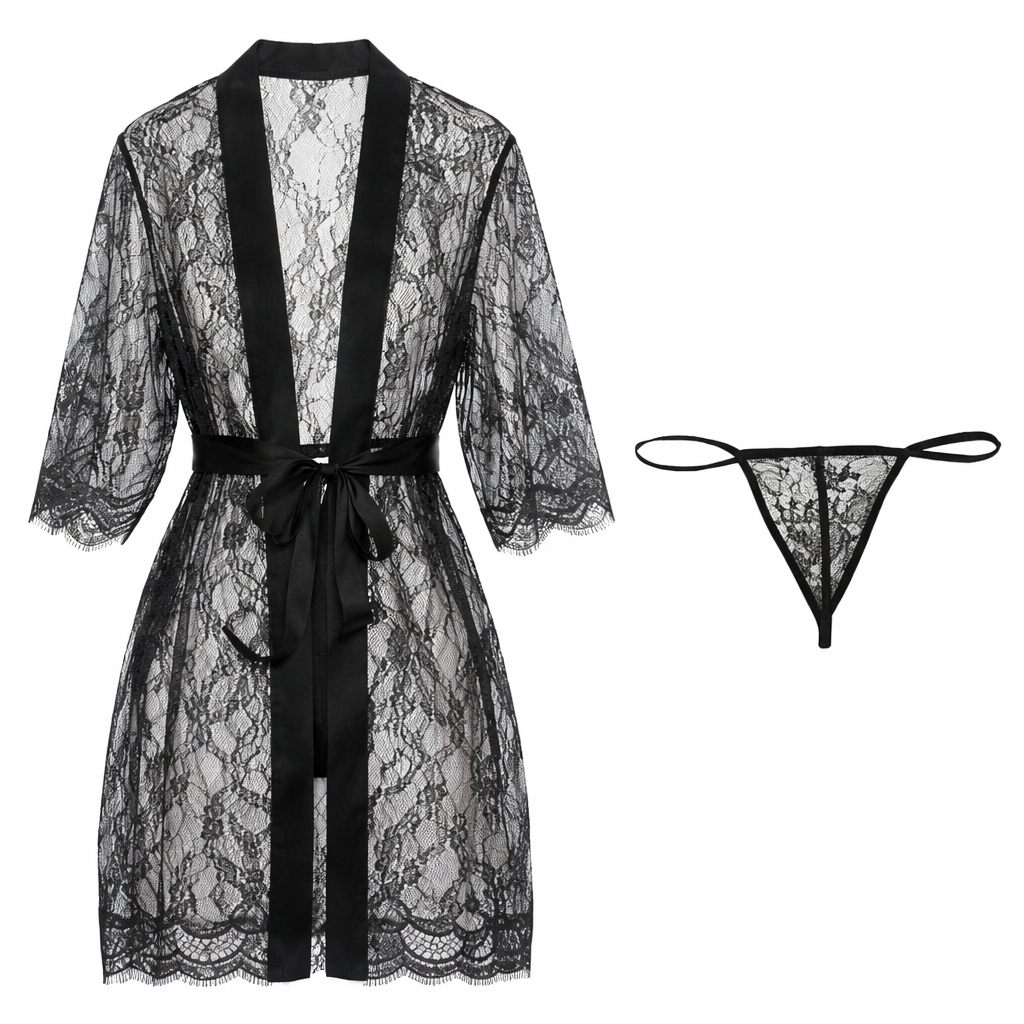 Women’s Black Lace Robe & Thong Nightwear Set