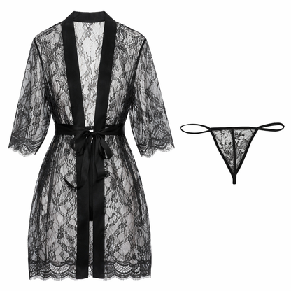 Women’s Black Lace Robe & Thong Nightwear Set