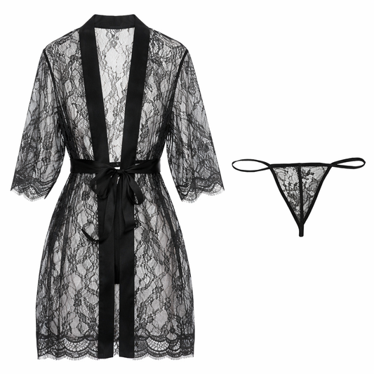 Women’s Black Lace Robe & Thong Nightwear Set