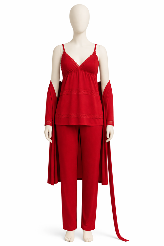 Women’s Satin Night Suit with Robe – 3PC Soft Sleepwear